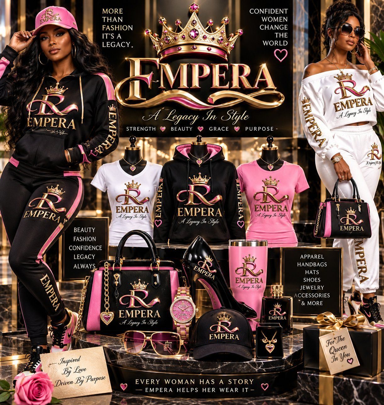 EMPERA apparel collection with tracksuits, hoodies, shirts, handbags, shoes, hats, jewelry, and accessories