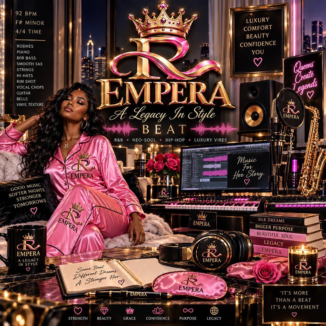 EMPERA Beat music and studio lifestyle collection with pink silk sleepwear, headphones, microphone, keyboard, saxophone, mug, candle, and sleep mask