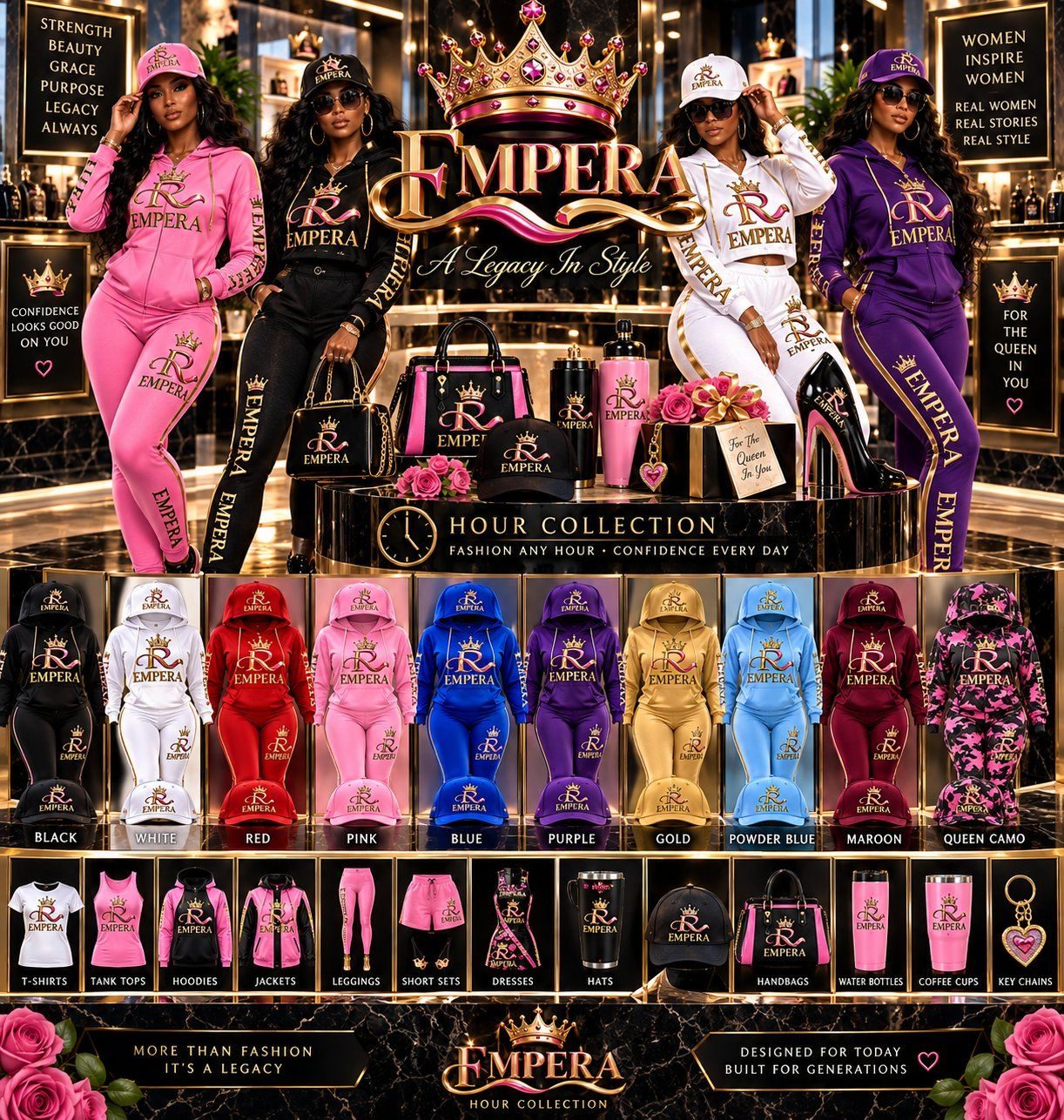 EMPERA Hour Collection with women’s tracksuits in ten colors, fashion pieces, handbags, hats, and accessories