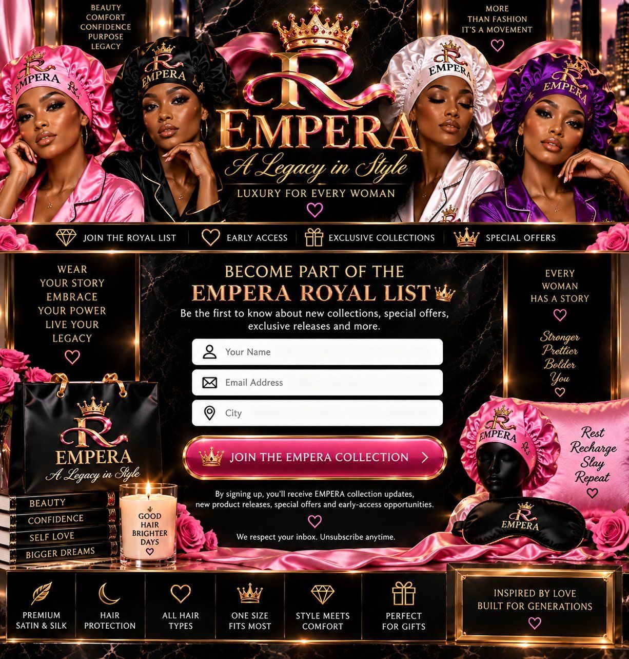EMPERA Royal List artwork featuring women in satin bonnets and early-access collection signup preview