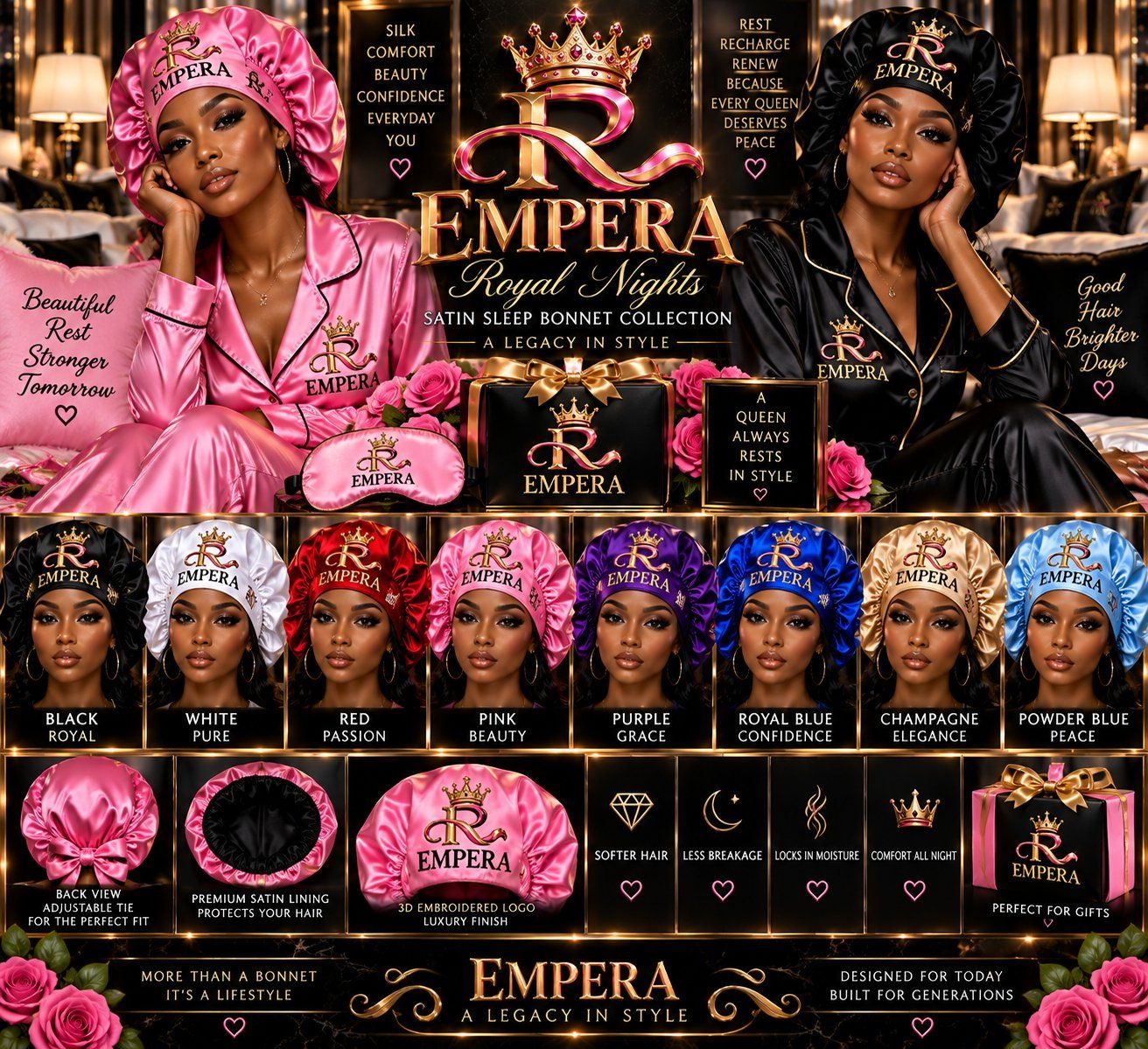 EMPERA Royal Nights Satin Sleep Bonnet Collection in black, white, red, pink, purple, royal blue, champagne, and powder blue