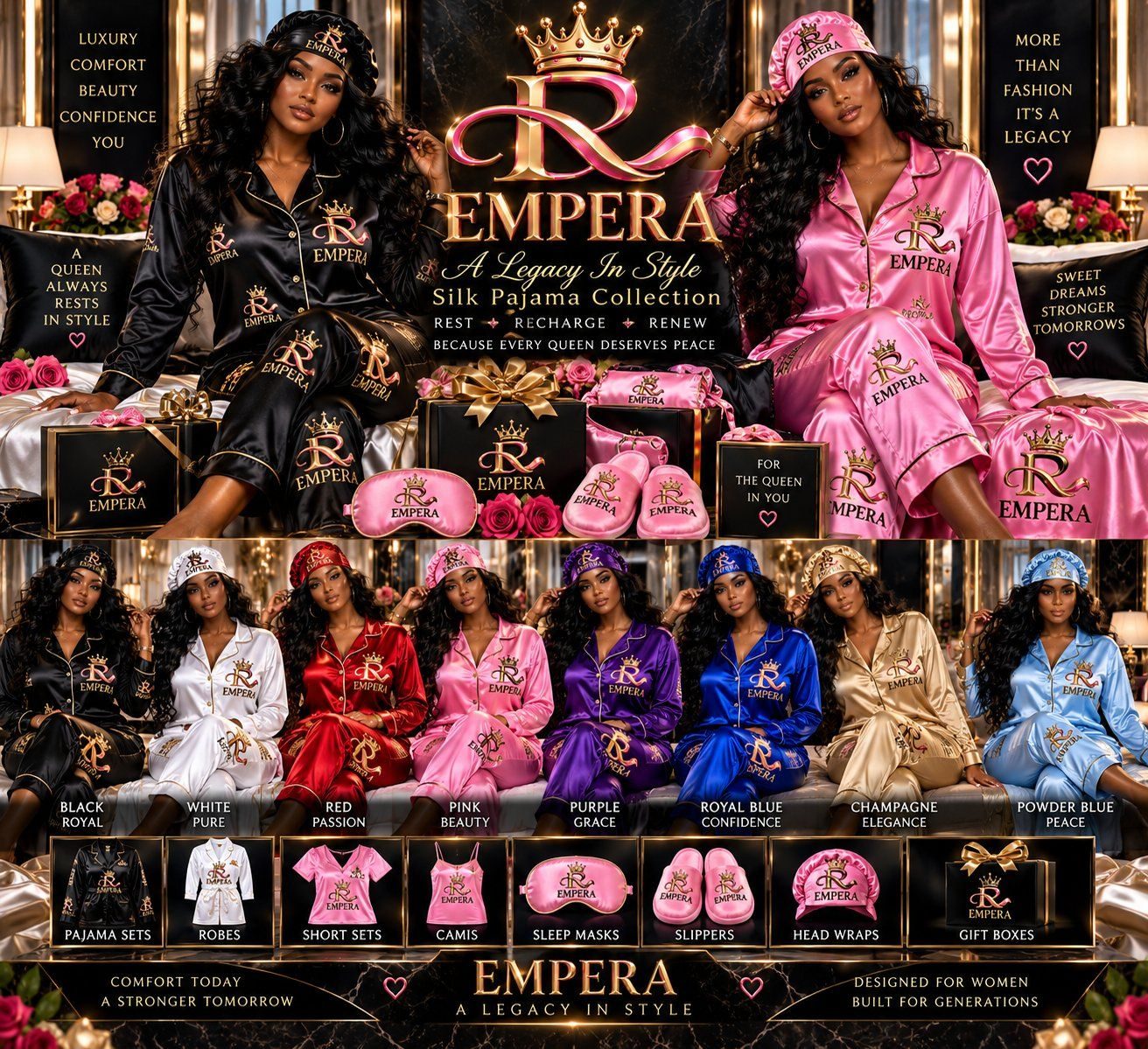 EMPERA Silk Pajama Collection with satin sets, robes, short sets, camis, sleep masks, slippers, head wraps, and gift boxes