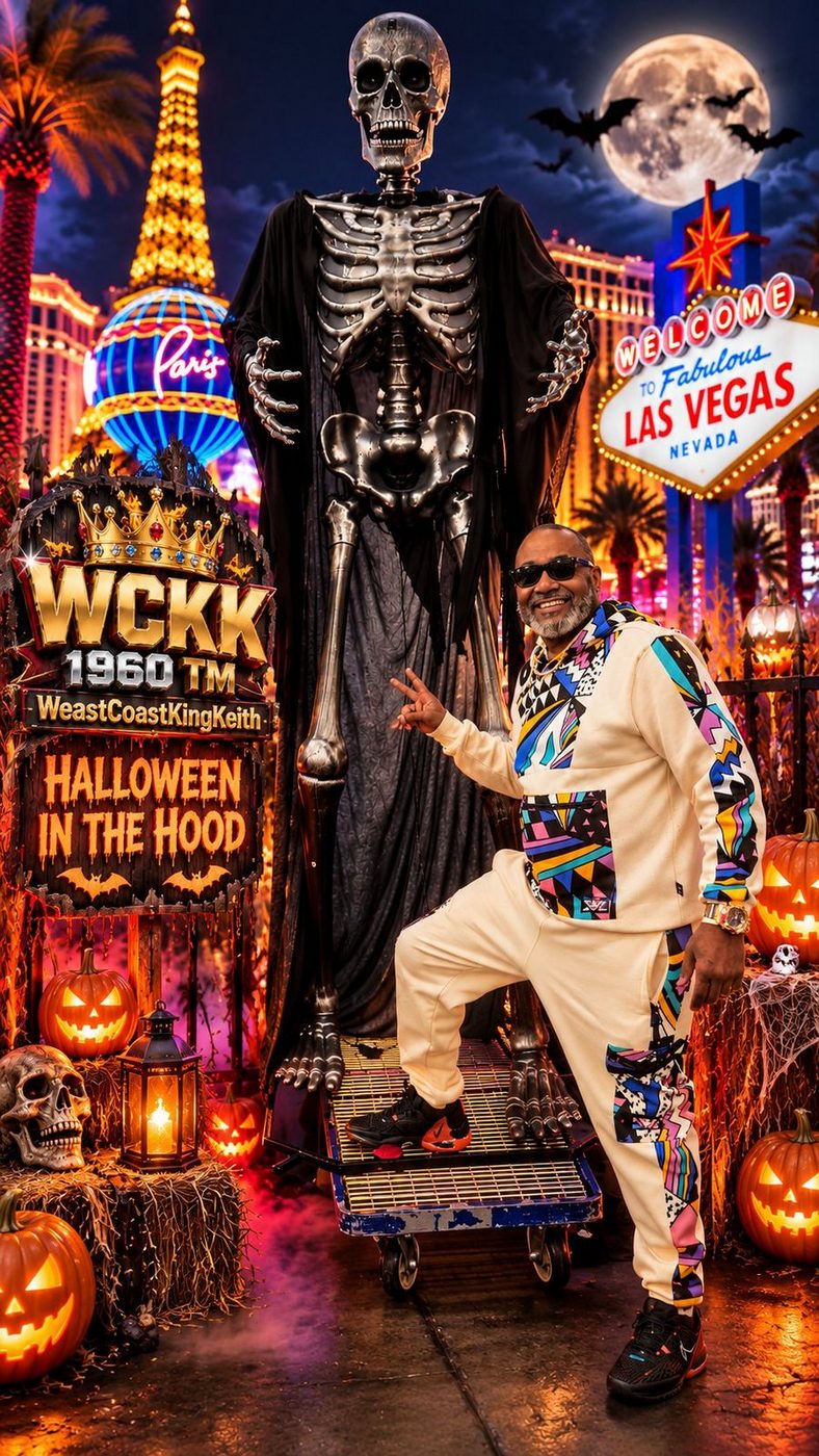 Halloween in the Hood artwork featuring WeastCoastKingKeith, a giant skeleton, pumpkins, and the Las Vegas Strip