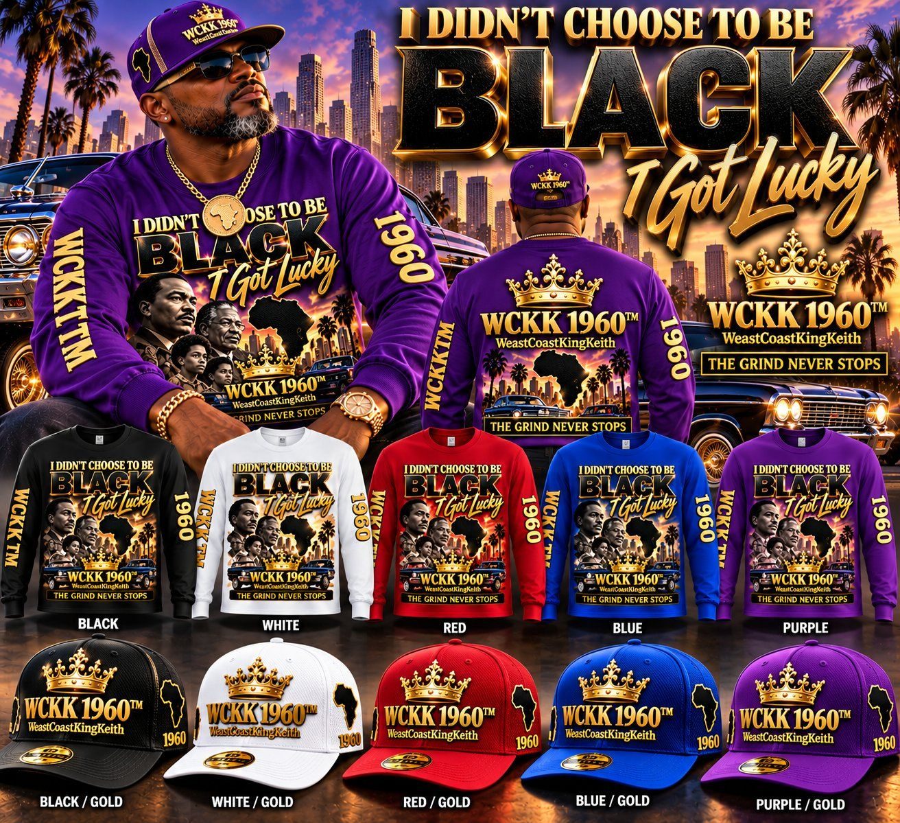 Purple I Didn’t Choose to Be Black, I Got Lucky WCKK 1960 shirt and matching cap colorway
