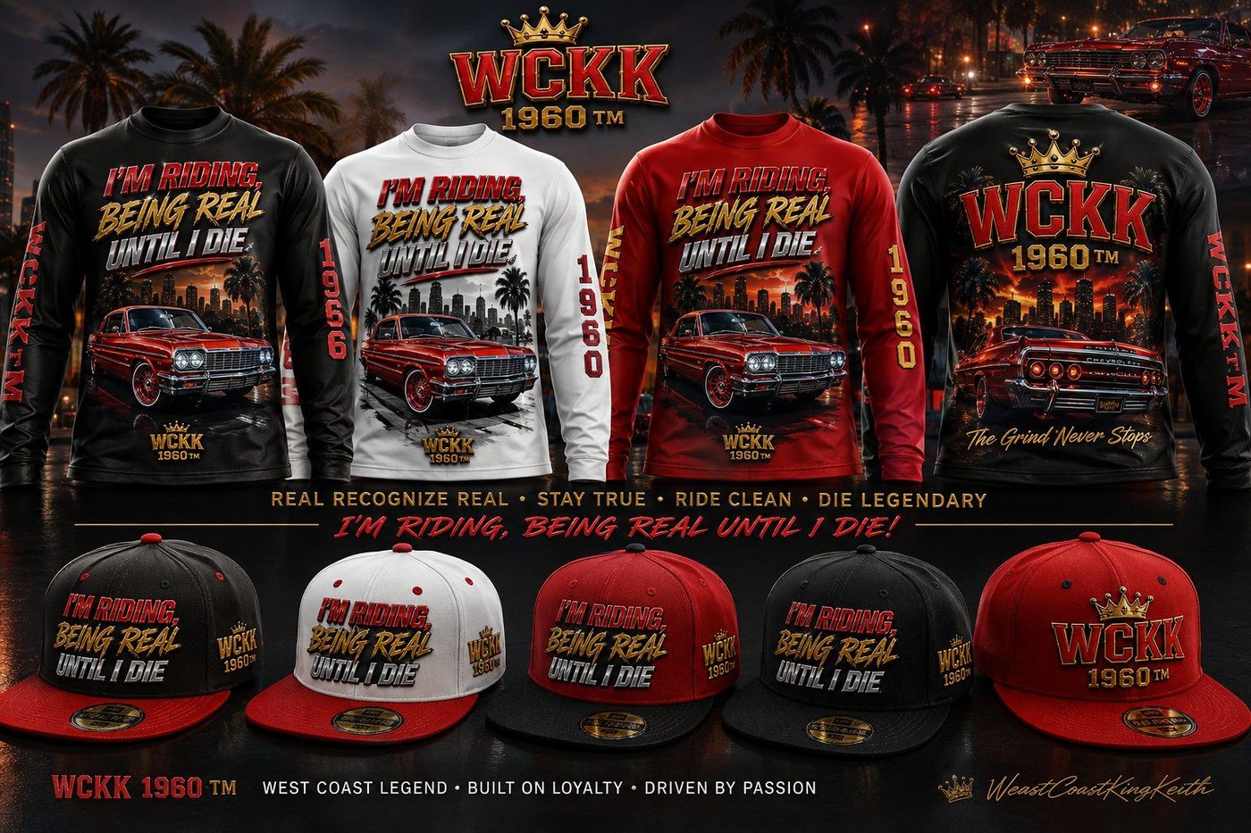 WCKK 1960 TM Lowrider Collection long-sleeve shirts and matching hats in four colors