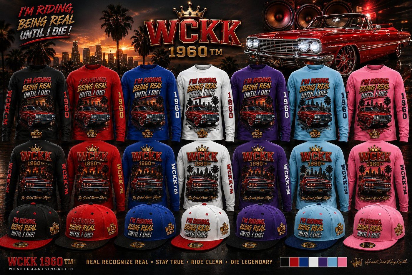 WCKK 1960 TM Lowrider Collection long-sleeve shirts and matching hats in seven colors