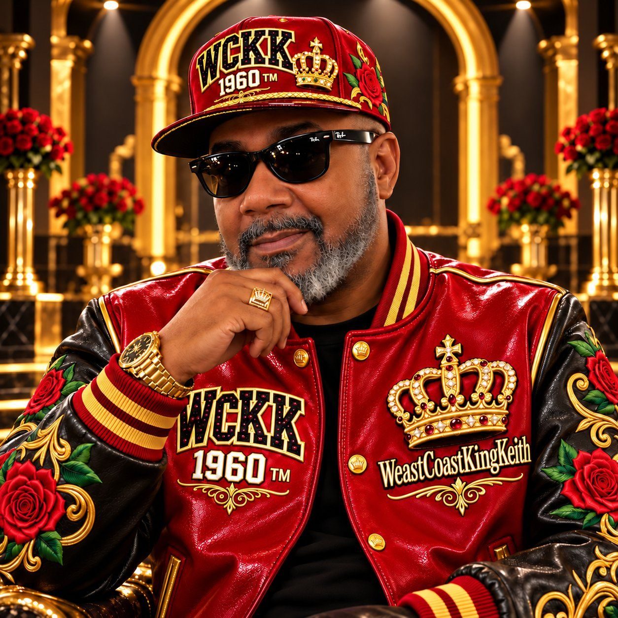 WeastCoastKingKeith in a red WCKK 1960 jacket and cap for the new LP cover