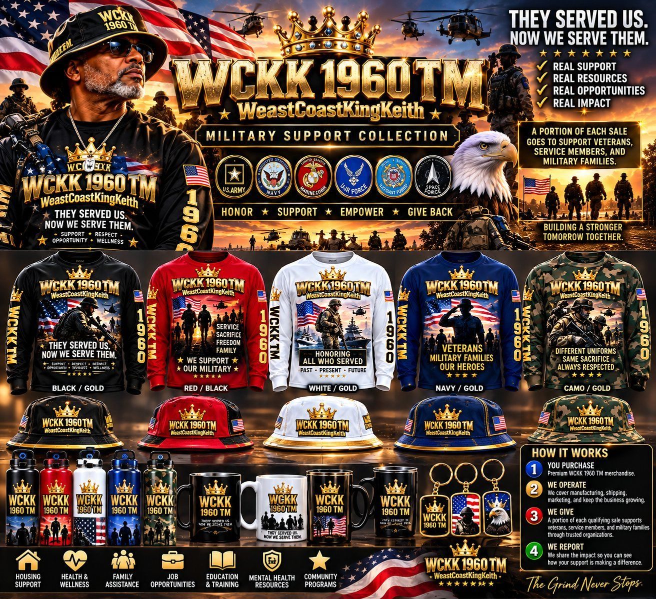 WCKK 1960 TM Military Support Collection long-sleeve shirts, bucket hats, bottles, mugs, and key chains