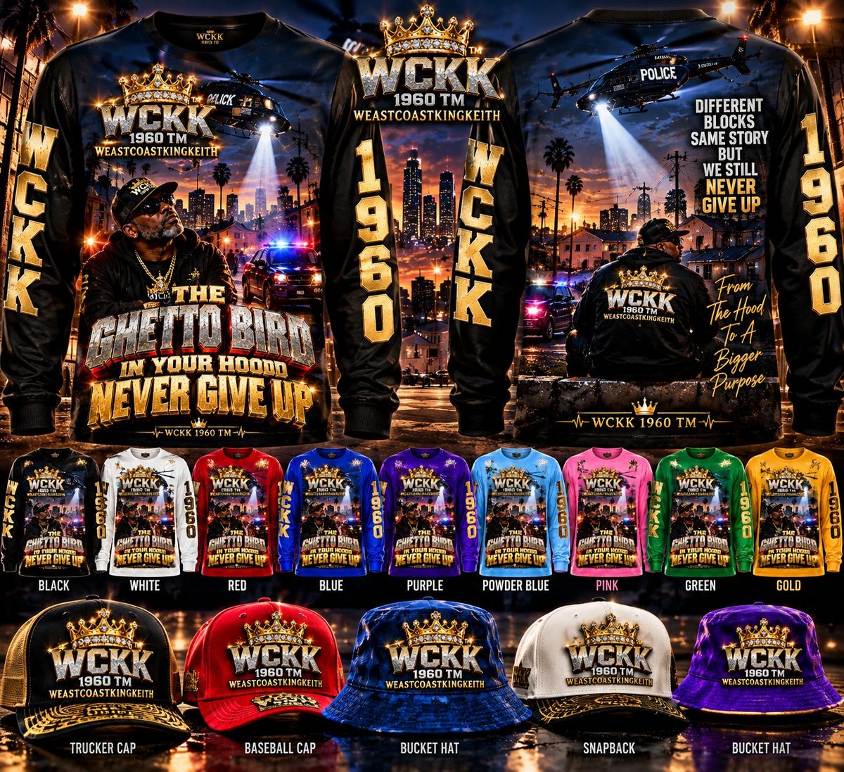 Ghetto Bird Collection long-sleeve shirts in nine colors with matching caps and hats