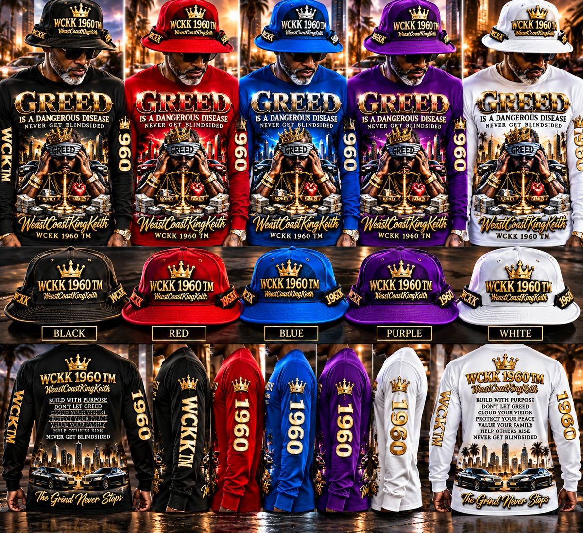 Greed Collection long-sleeve shirts and bucket hats in five colors