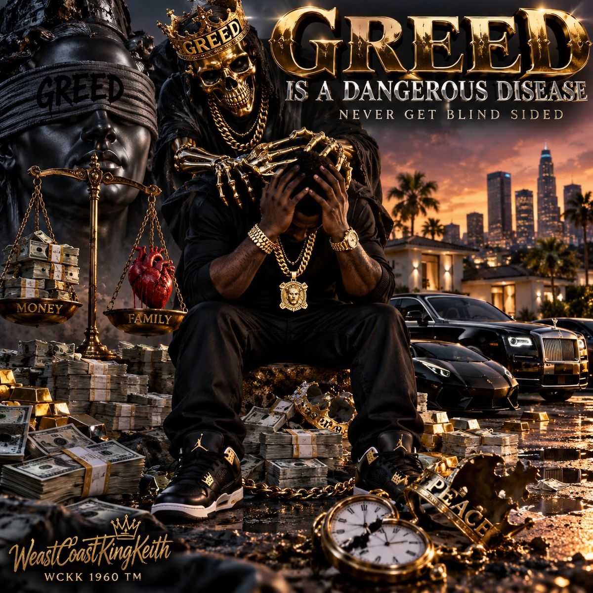 Greed is a dangerous disease artwork featuring a man, money, and a skull