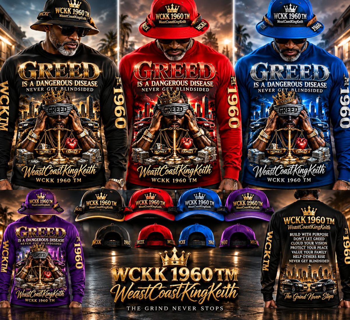 Greed Collection shirts and hats in multiple colors