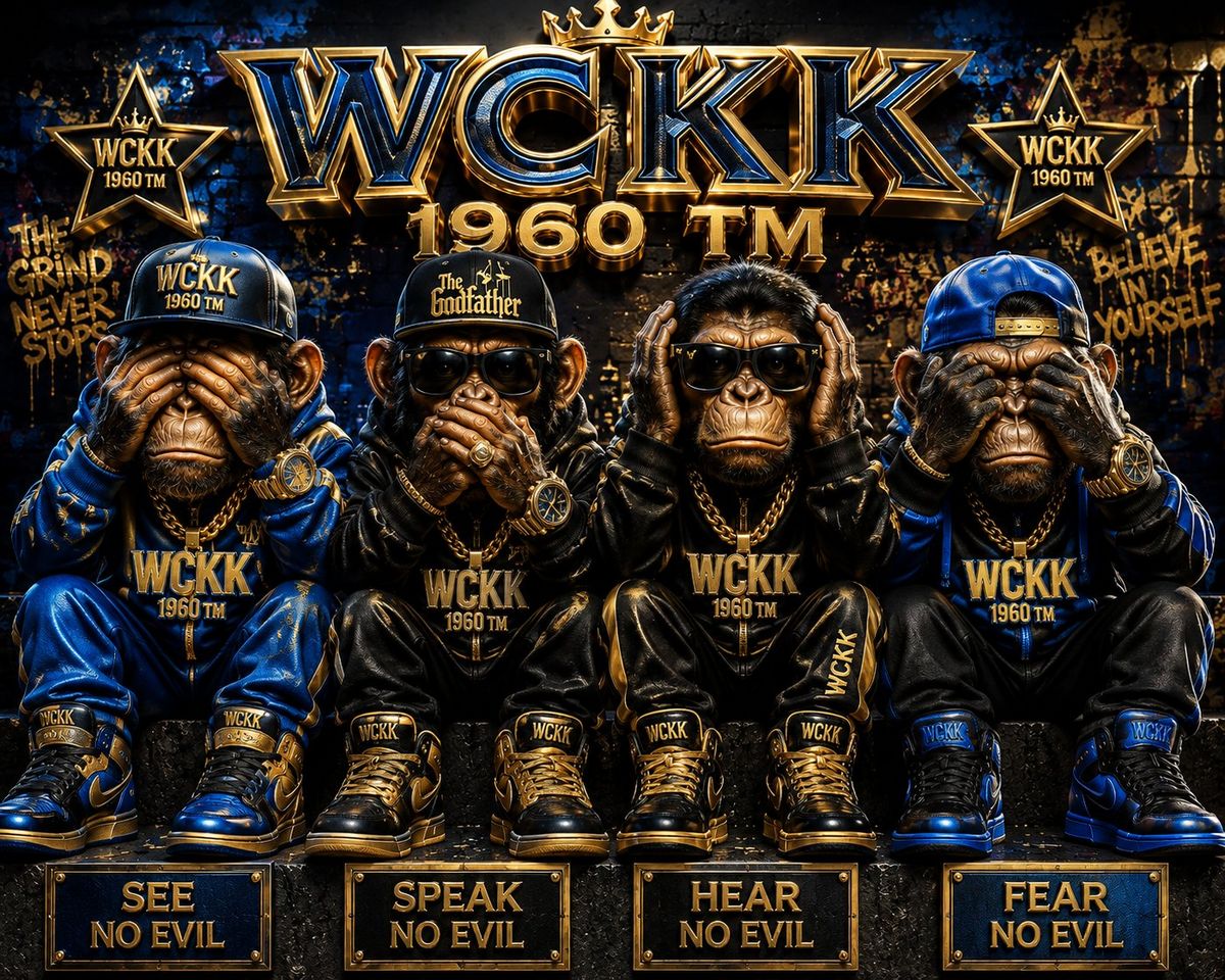 Four chimps No Evil Collection artwork in blue and gold