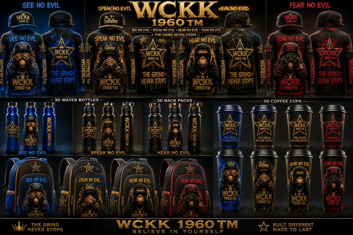 WCKK 1960 TM No Evil Collection with shirts, water bottles, backpacks, and coffee cups