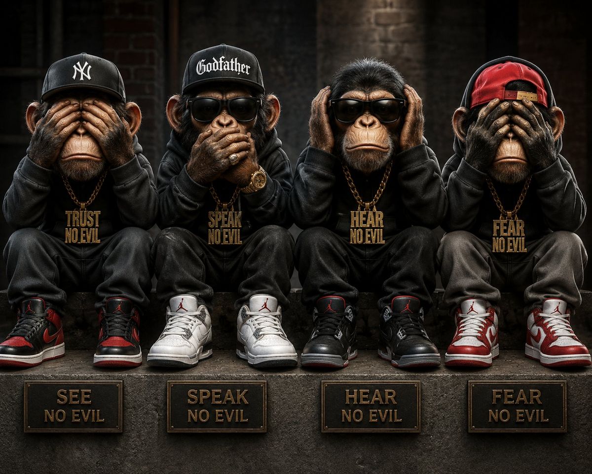 Four chimps wearing sneakers in No Evil Collection artwork