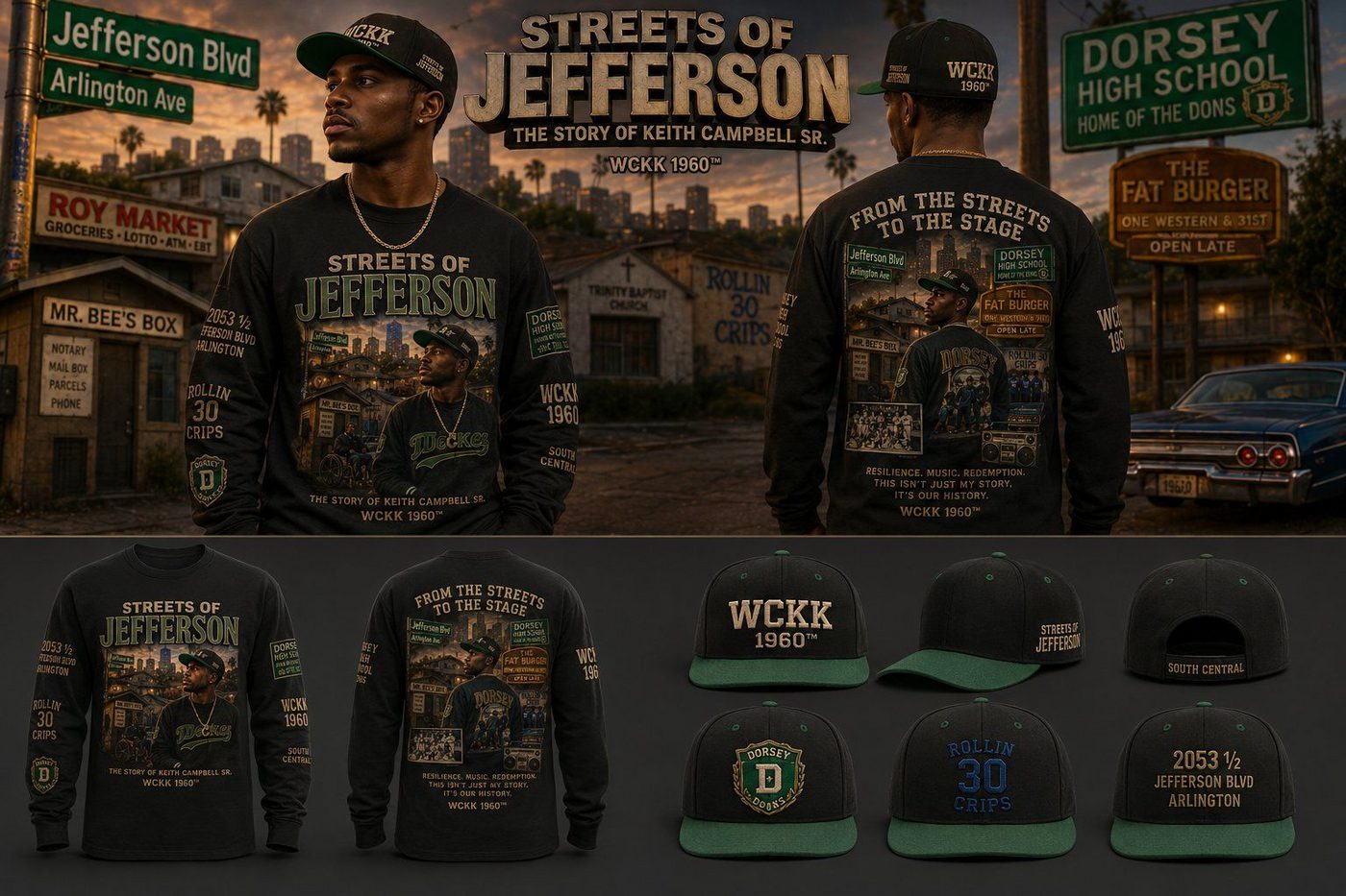 Black Streets of Jefferson long-sleeve shirt and matching caps from the book merchandise collection