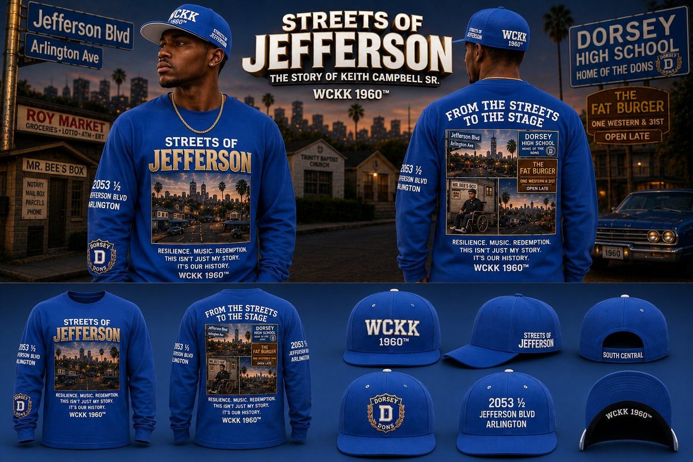 Blue Streets of Jefferson long-sleeve shirt and matching caps from the book merchandise collection