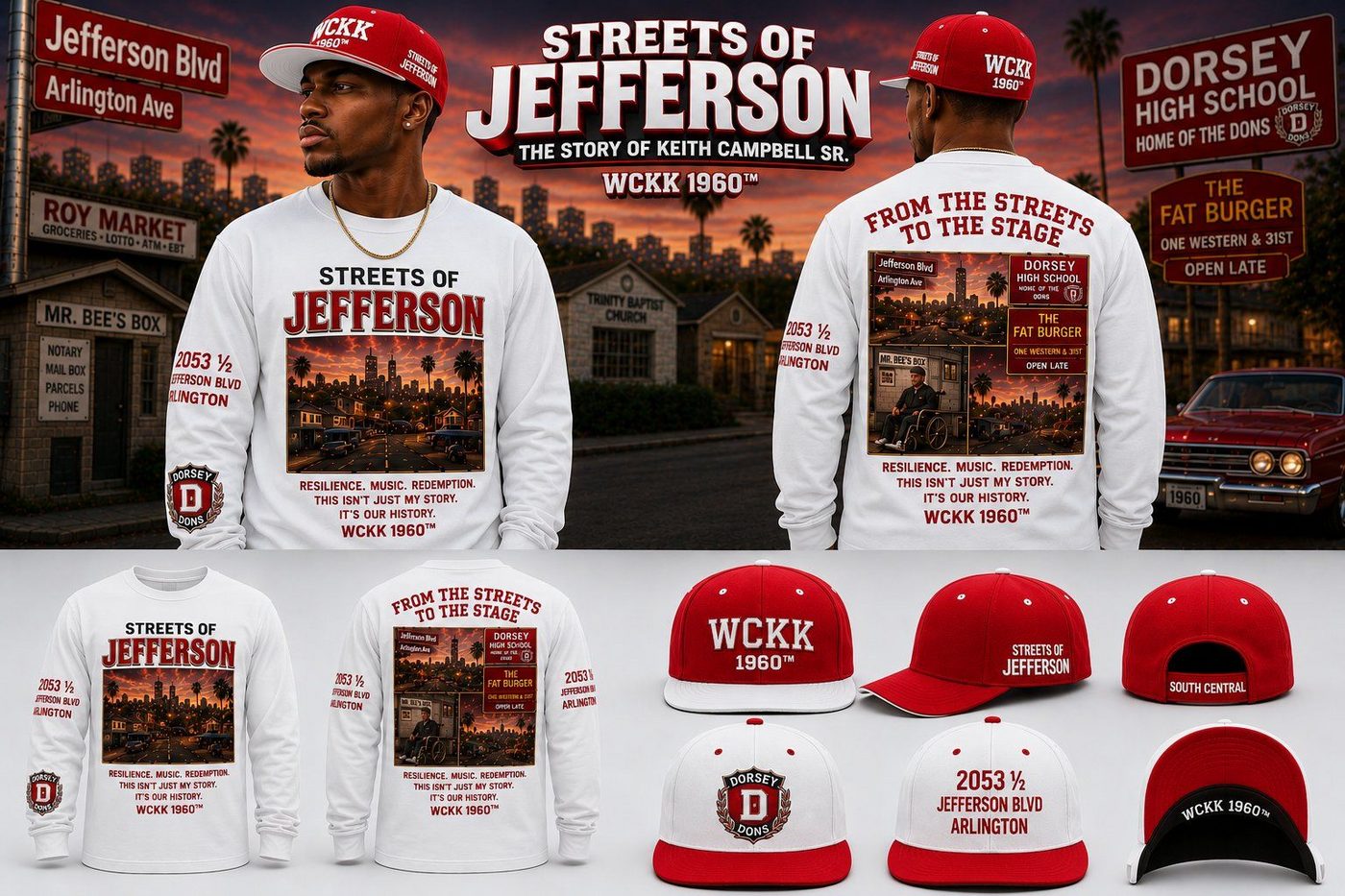 White and red Streets of Jefferson long-sleeve shirt with matching red and white caps from the book merchandise collection