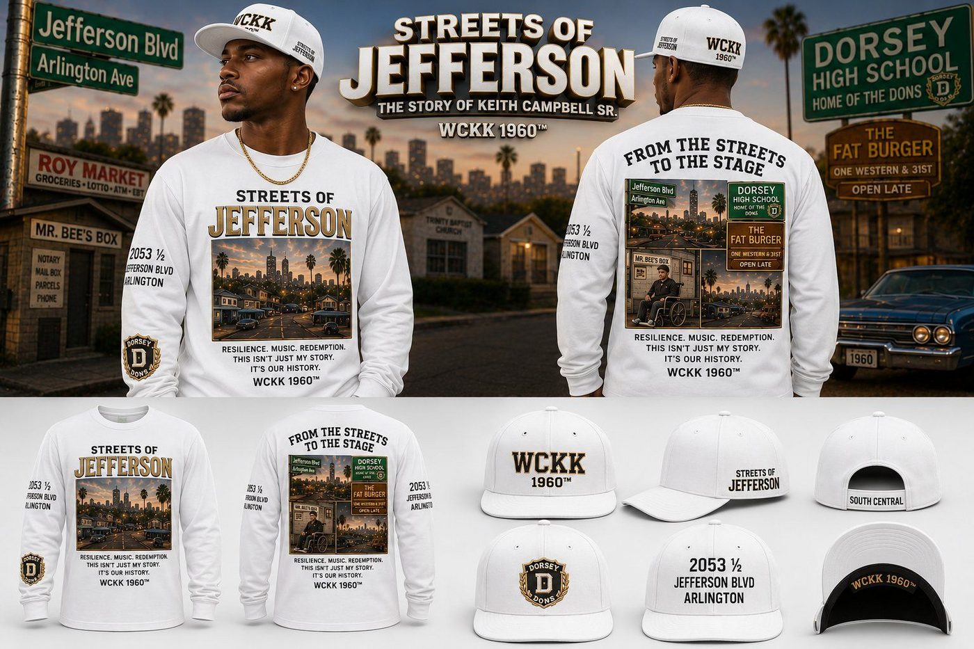 White Streets of Jefferson long-sleeve shirt and matching caps from the book merchandise collection