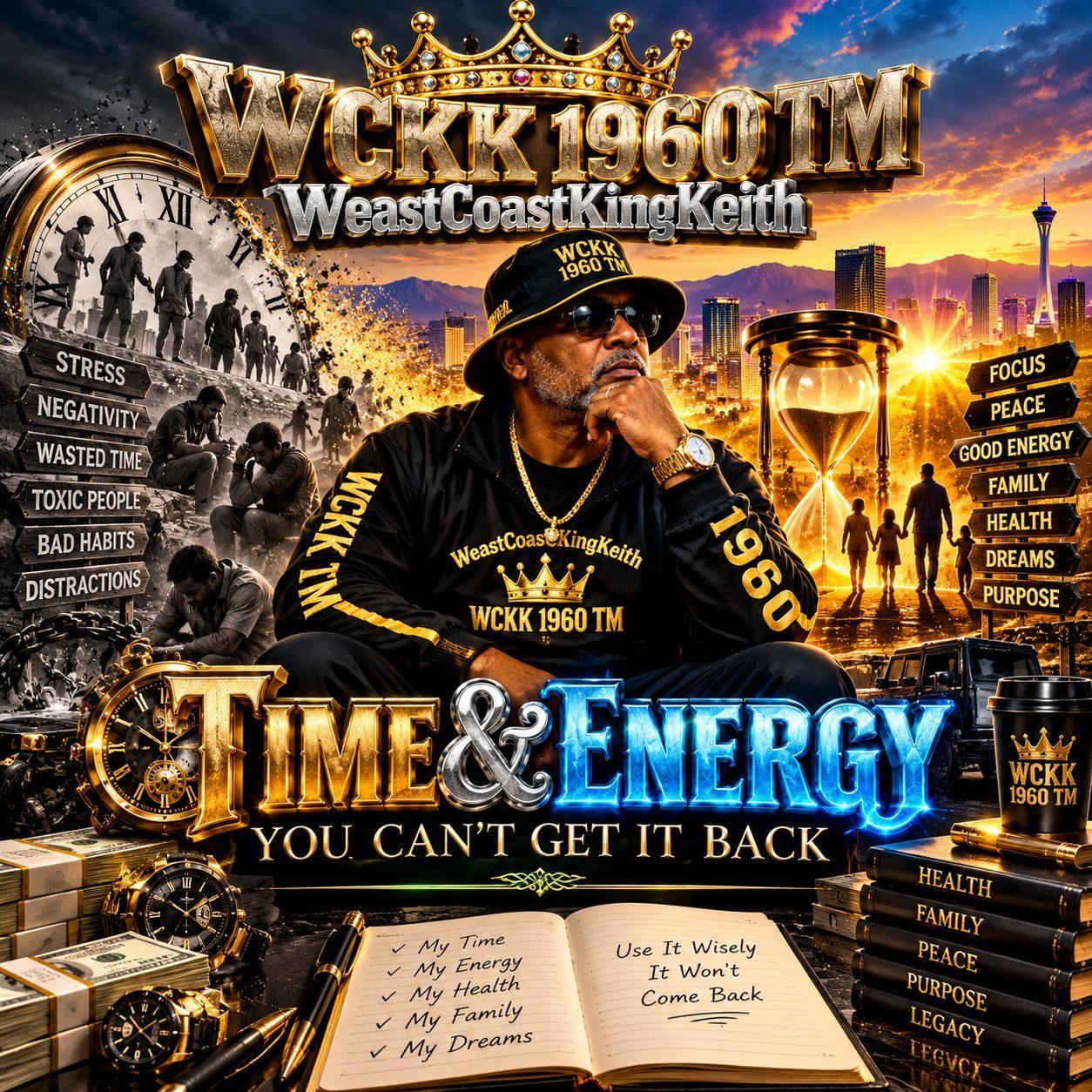 Time and Energy You Can't Get It Back artwork with an hourglass, clock, and focused creator