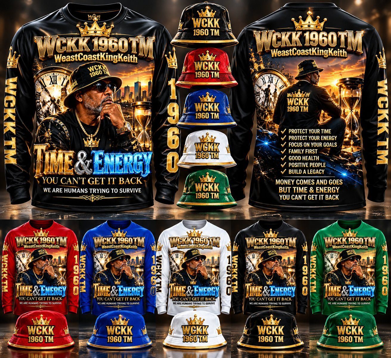 WCKK 1960 TM Time and Energy Collection long-sleeve shirts and bucket hats in red, blue, white, black, and green