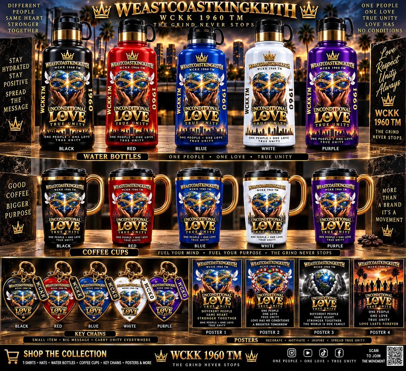 Unconditional Love Collection water bottles, coffee cups, key chains, and posters in five colors