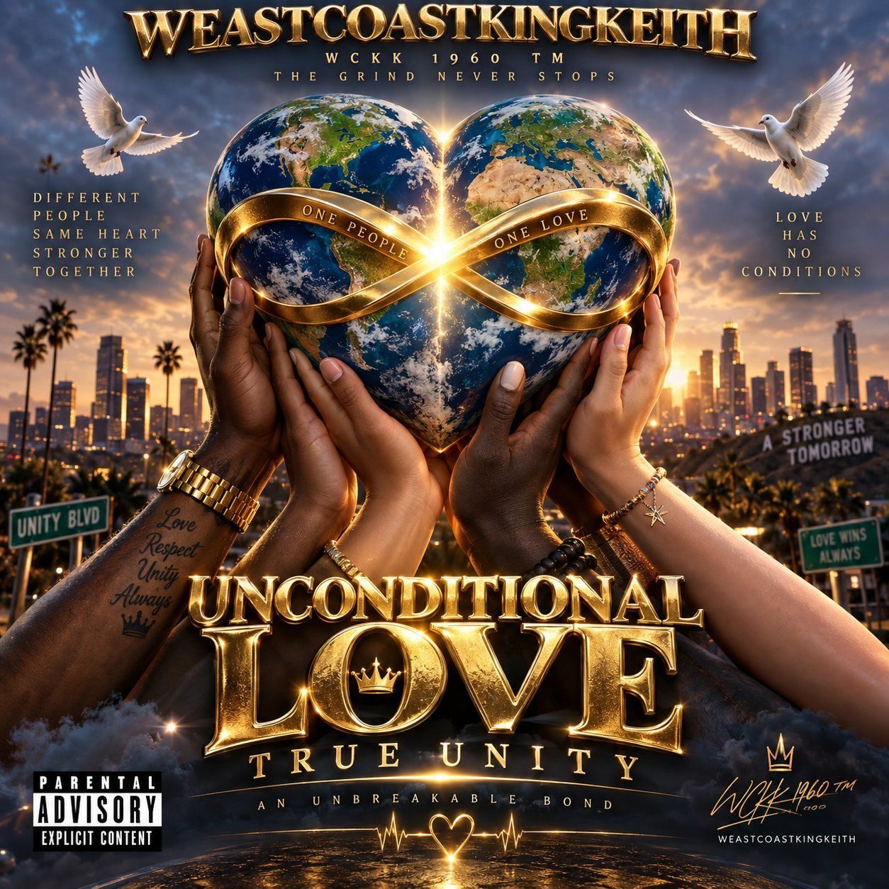 Unconditional Love True Unity artwork showing hands holding a heart-shaped globe wrapped in a gold infinity symbol