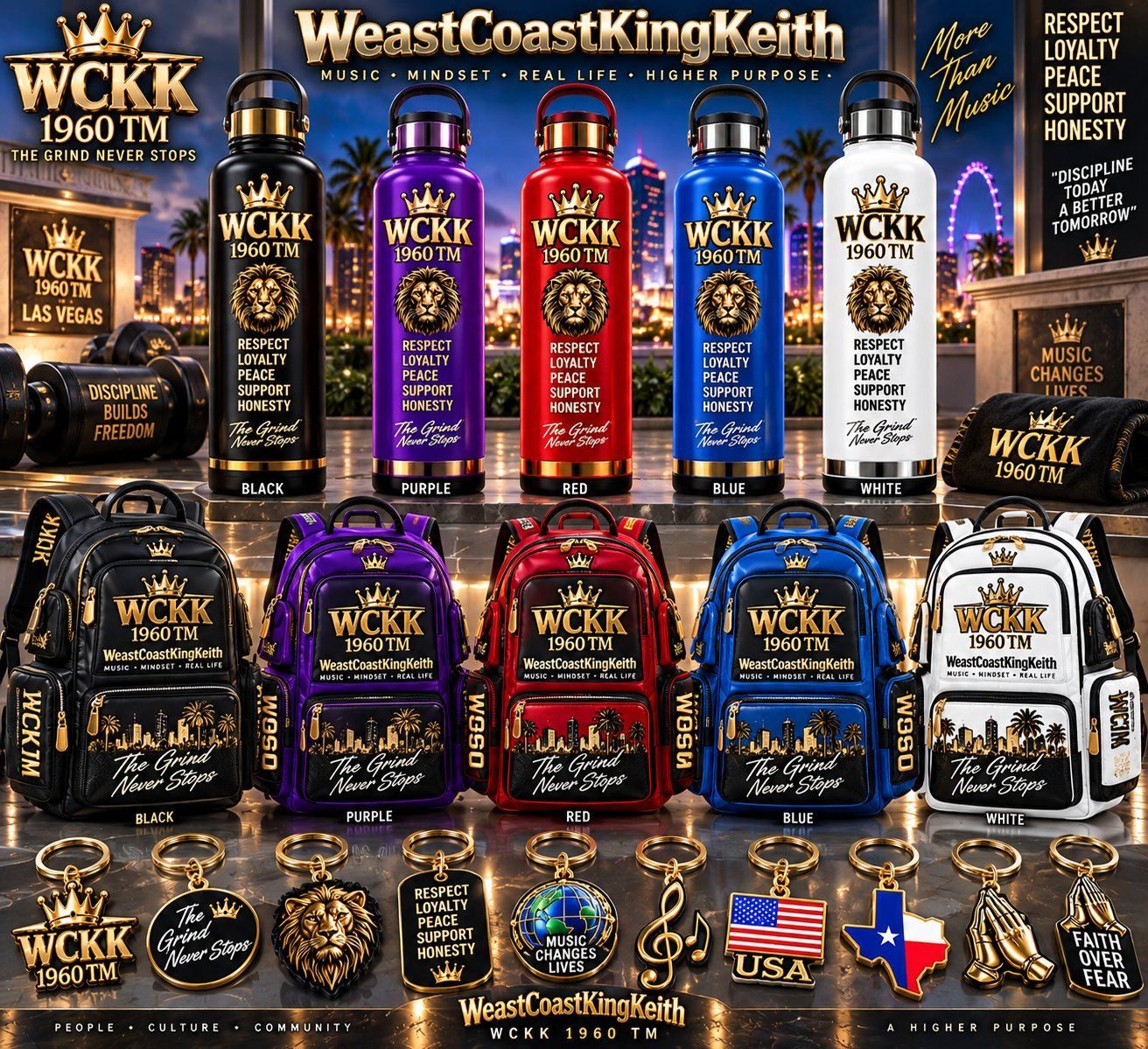 WCKK 1960 TM water bottles, backpacks, and message keychains in black, purple, red, blue, and white