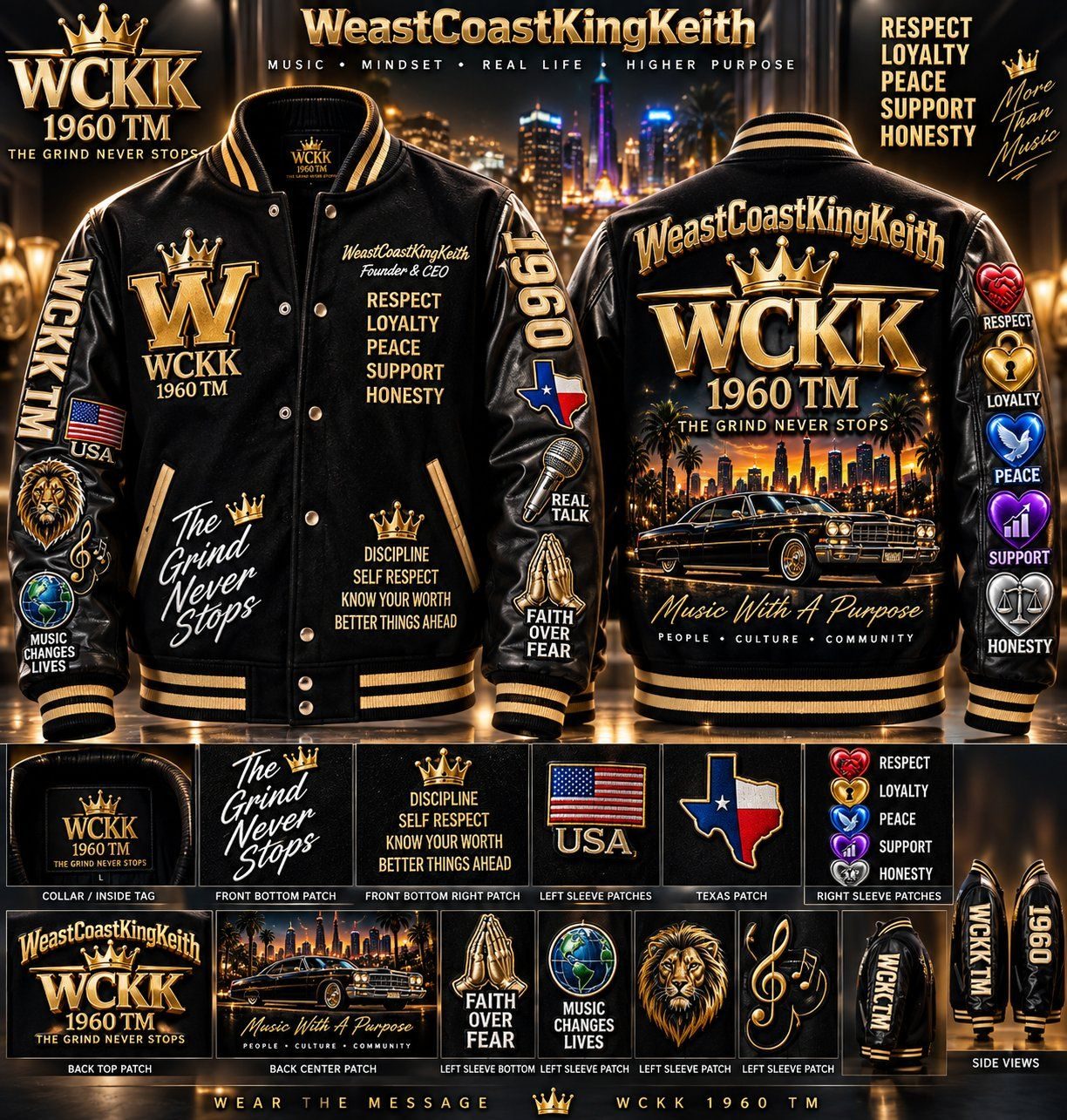 Black WeastCoastKingKeith WCKK 1960 TM varsity jacket shown with branded details and message patches