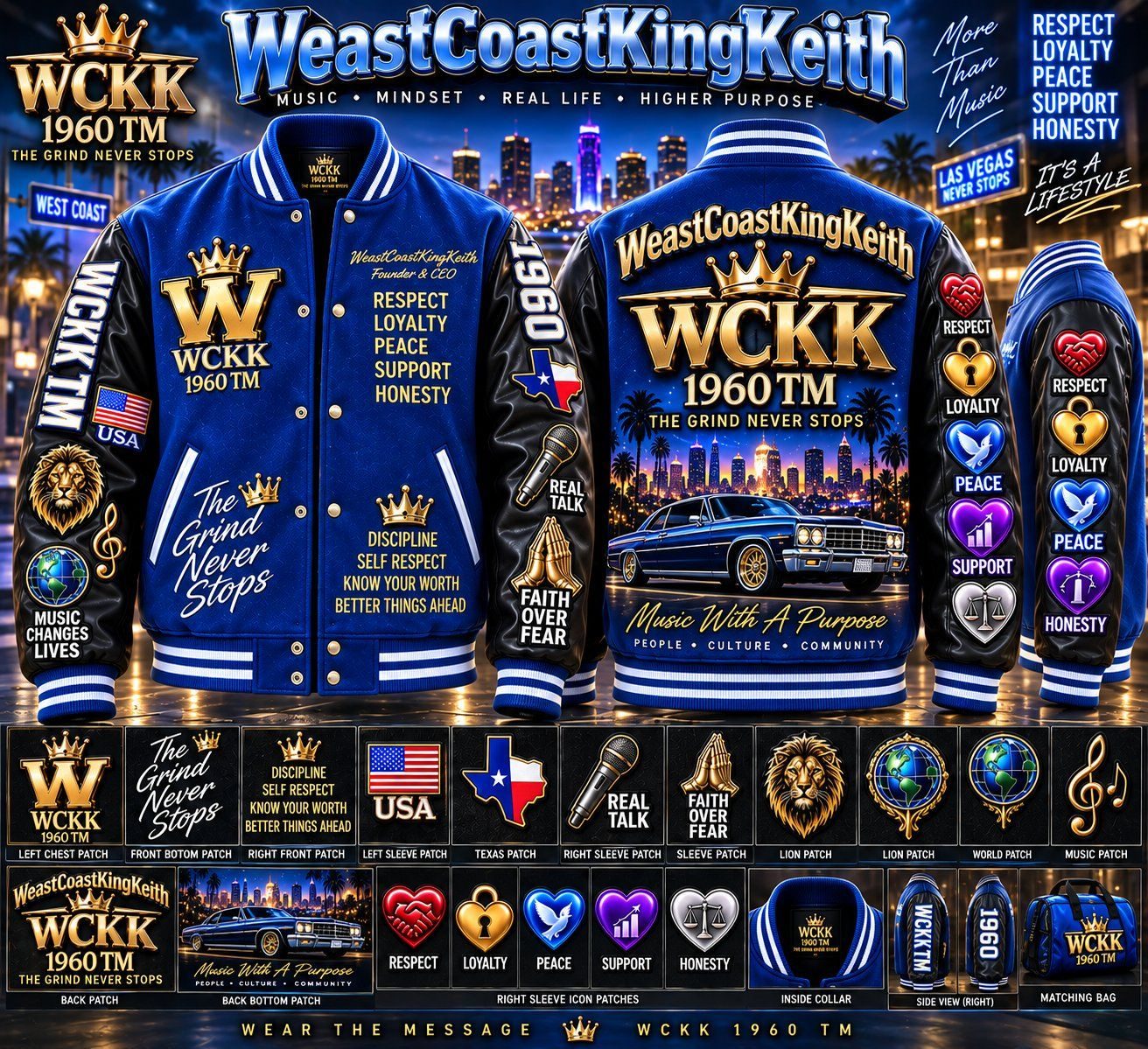 Blue WeastCoastKingKeith WCKK 1960 TM varsity jacket shown from the front, back, and sides with embroidered message patches