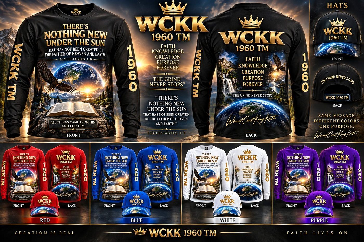 WCKK 1960 TM Faith Collection long-sleeve shirts and matching hats in red, blue, white, purple, and black