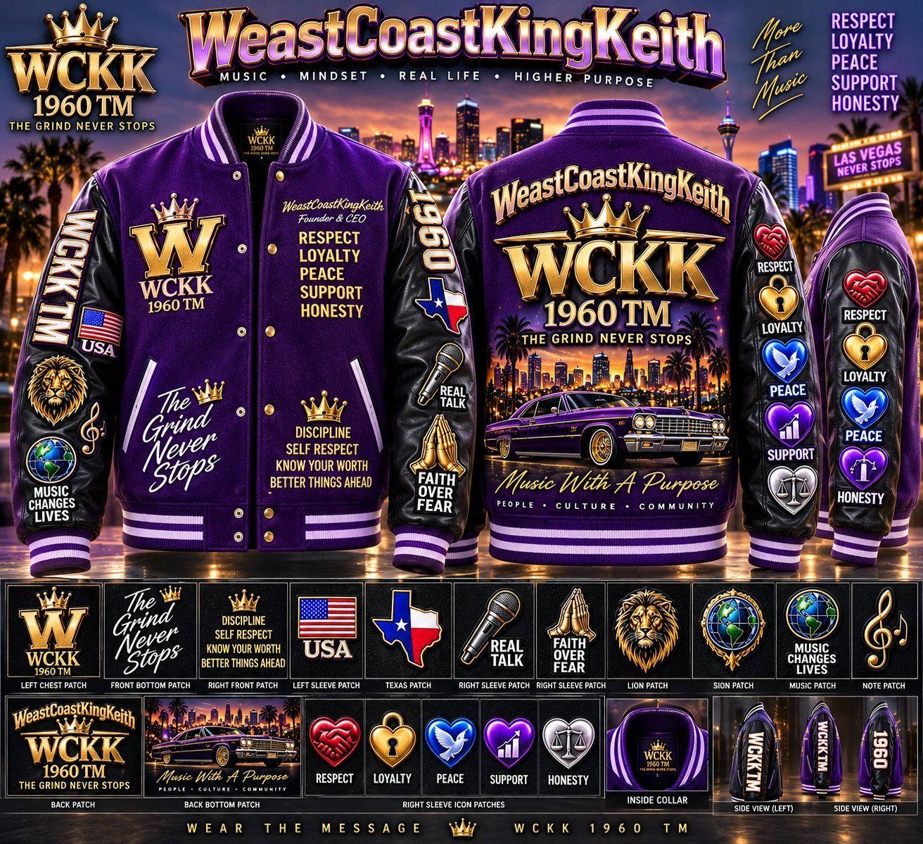Purple WeastCoastKingKeith WCKK 1960 TM varsity jacket shown from the front, back, and sides with embroidered message patches