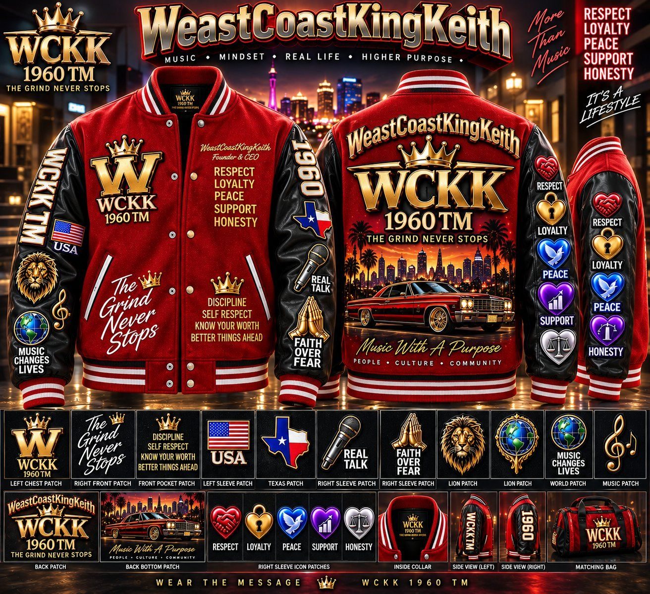 Red WeastCoastKingKeith WCKK 1960 TM varsity jacket shown from the front, back, and sides with embroidered message patches