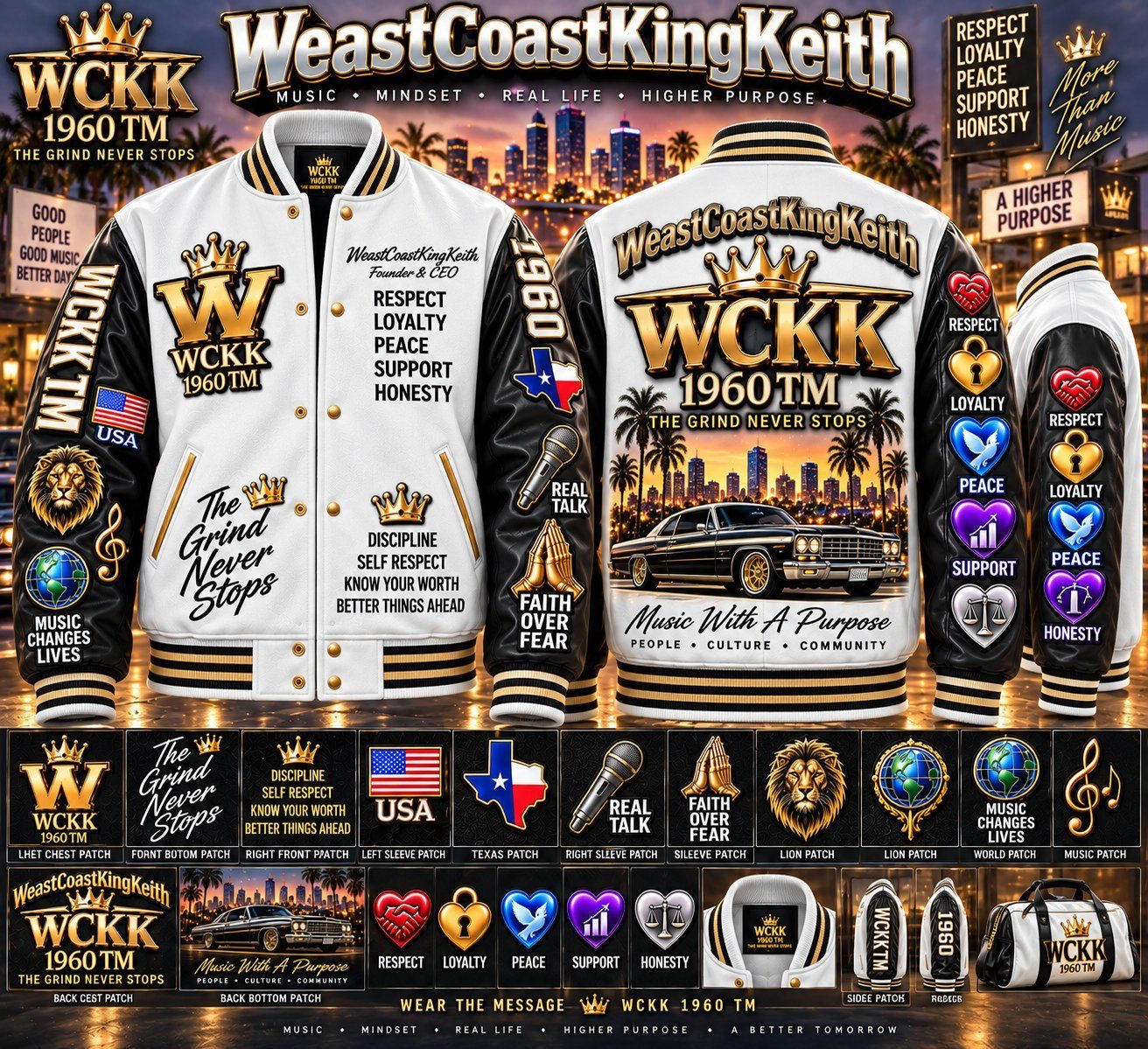 White WeastCoastKingKeith WCKK 1960 TM varsity jacket shown from the front, back, and sides with embroidered message patches