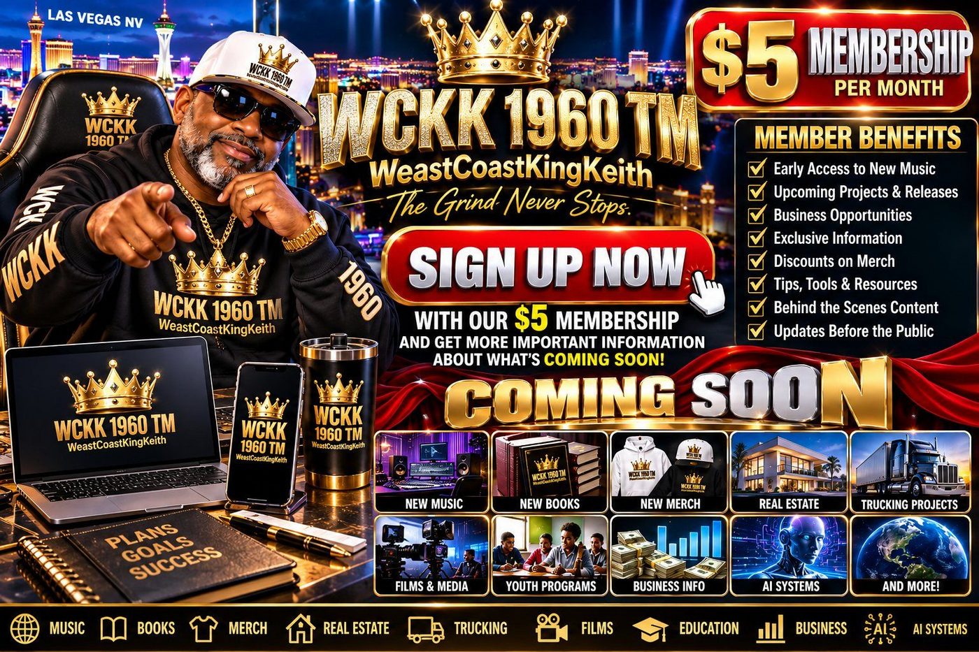 WCKK 1960 five-dollar monthly membership promotion featuring Keith Campbell Sr., member benefits, and upcoming music, books, merch, real estate, trucking, films, youth programs, business information, and AI systems
