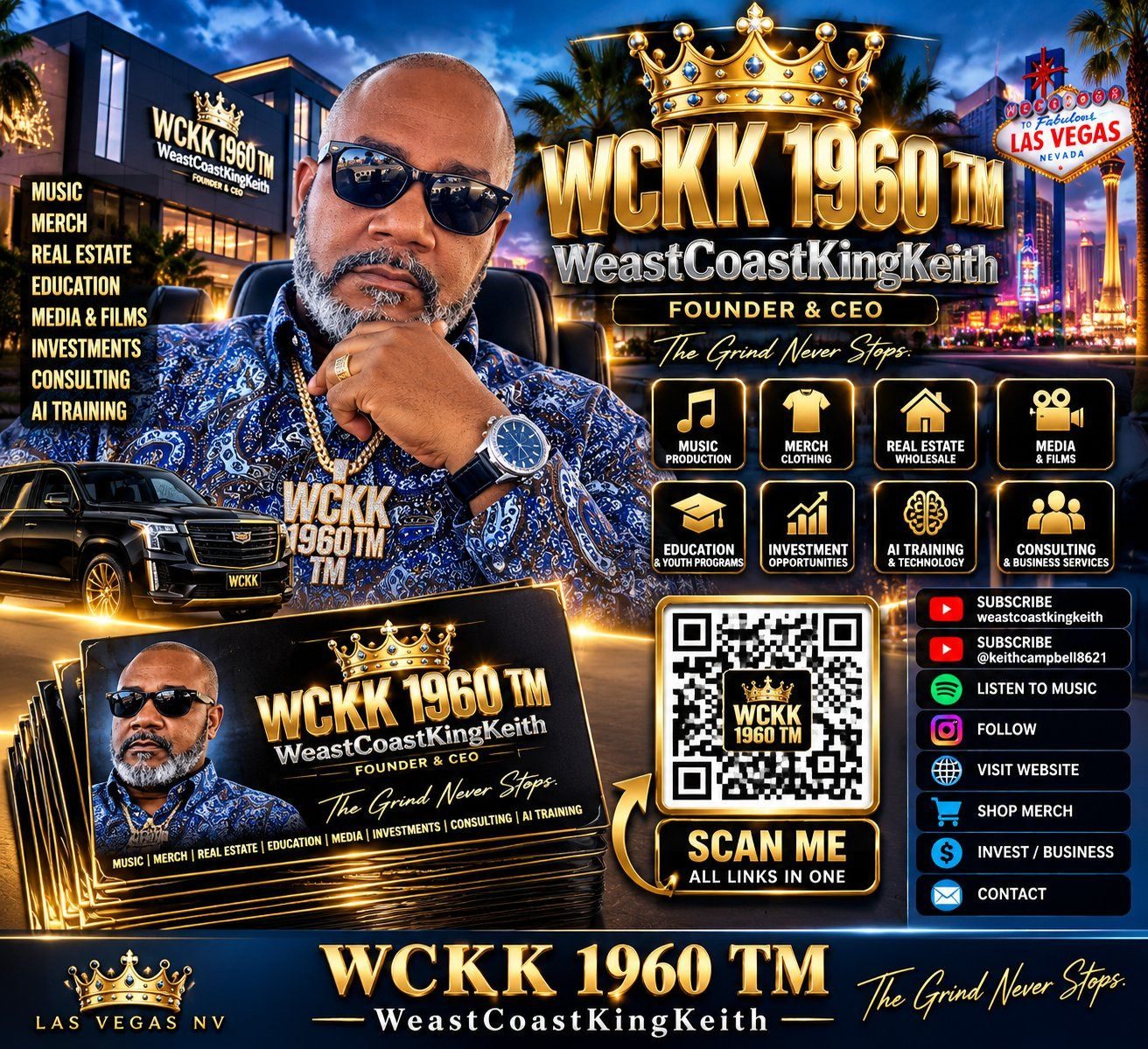 WCKK 1960 Founder and CEO card for WeastCoastKingKeith, featuring music, merchandise, real estate, education, media, investments, consulting, AI training, and a QR code