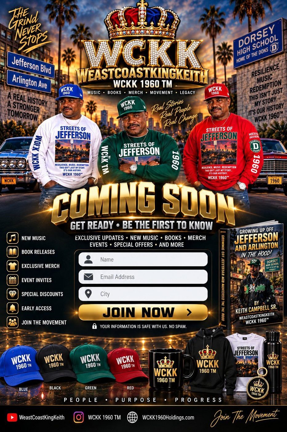 WCKK 1960 coming soon poster featuring the book, caps, mug, hoodie, shirt, bottle, and keychain