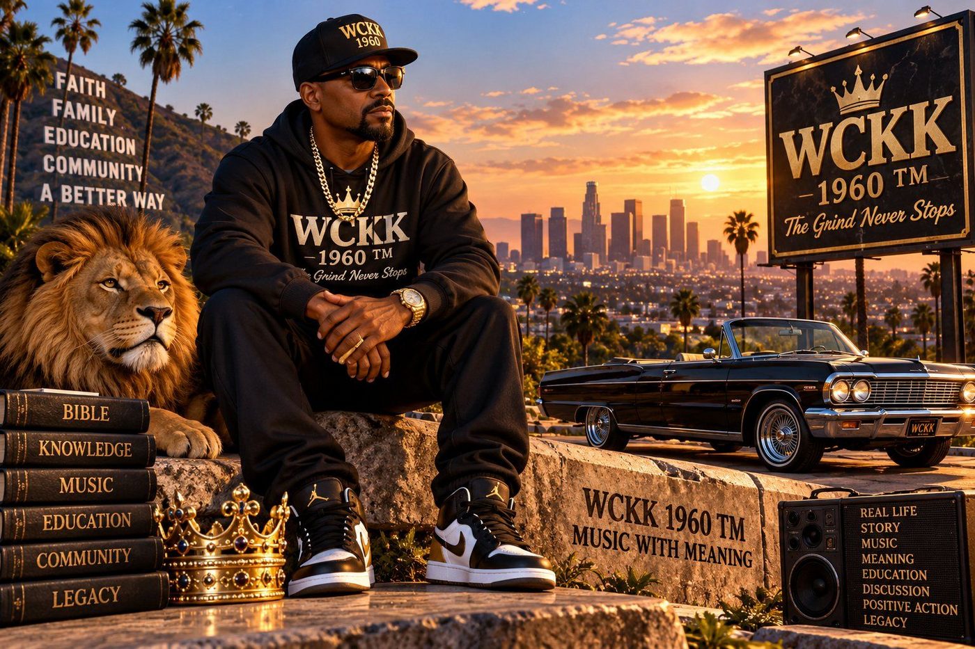 WCKK 1960 TM brand scene with WeastCoastKingKeith, a lion, books, a classic car, and the Los Angeles skyline