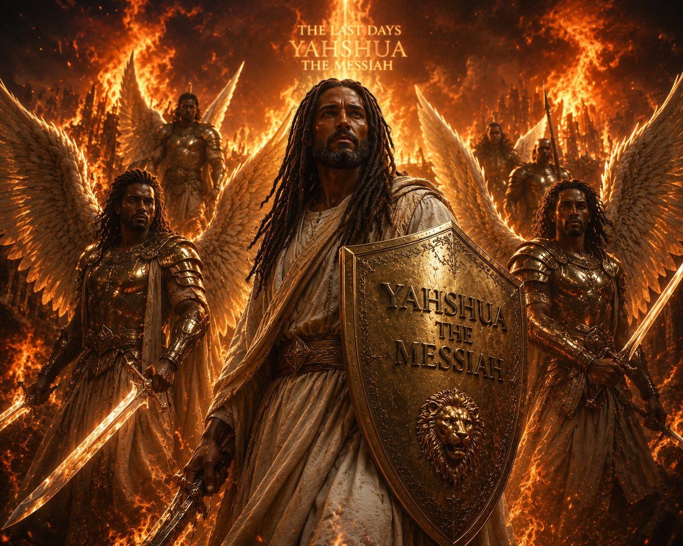 Yahshua The Messiah holding a gold shield, surrounded by angels standing guard in fire