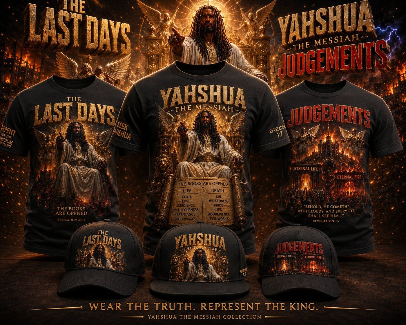 The Last Days, Yahshua The Messiah, and Judgements shirts with matching caps and Wear the Truth, Represent the King message